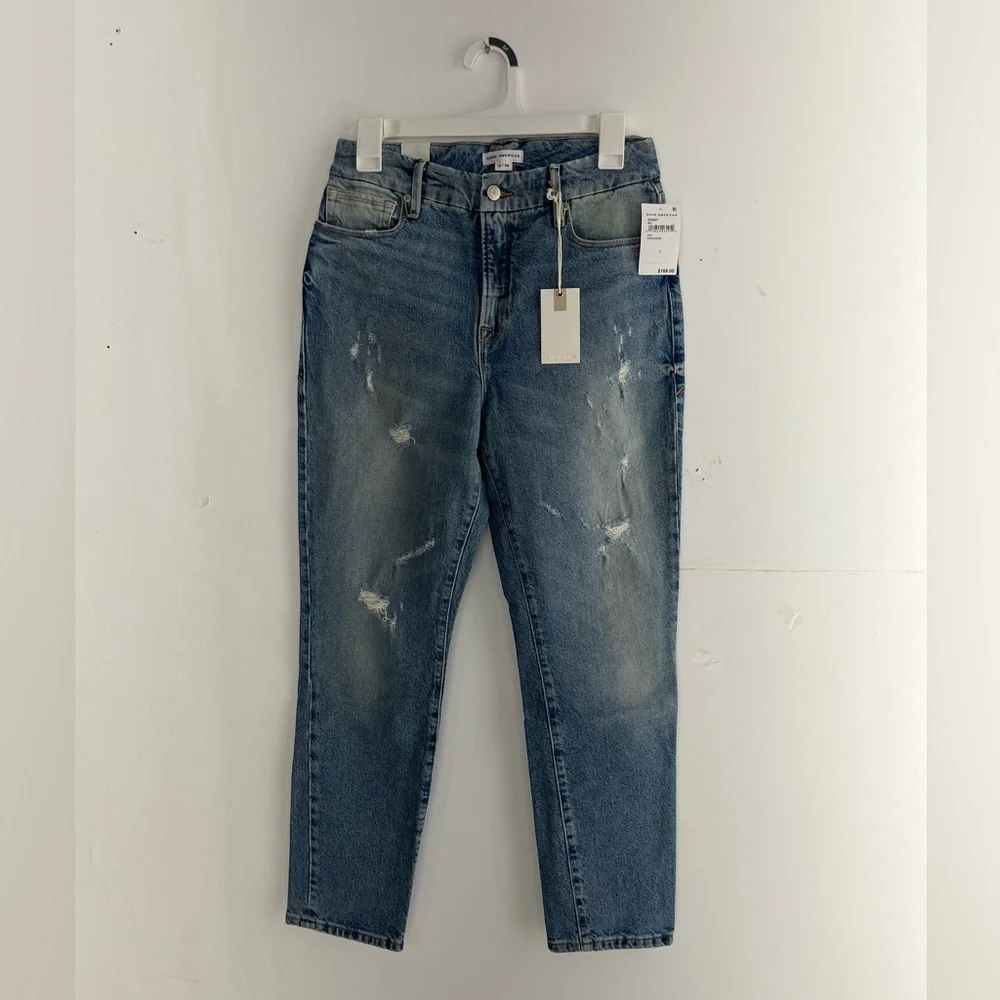 Good American Good Classic High Rise Distressed Slim- Straight Jeans, Size: 2 - Picture 4 of 9
